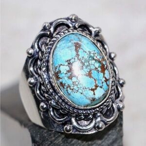 Stamped 925 Sterling Silver NATURAL Turquoise Gemstone Statement Ring
